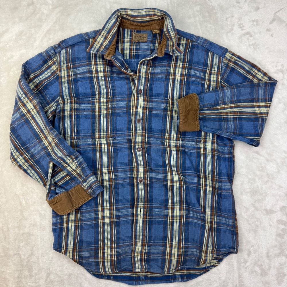 St Johns Bay Flannel Shirt Mens Large Tall‎ Blue Plaid Corduroy Trim Rugged